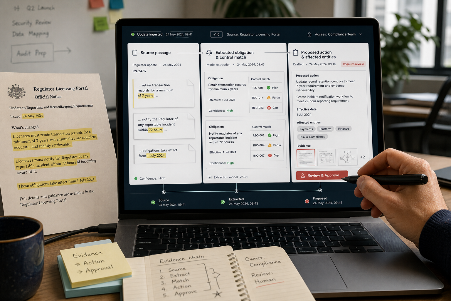 An AI compliance workflow links an official regulatory update to an affected business activity, extracts the obligation, and creates a review task with version4