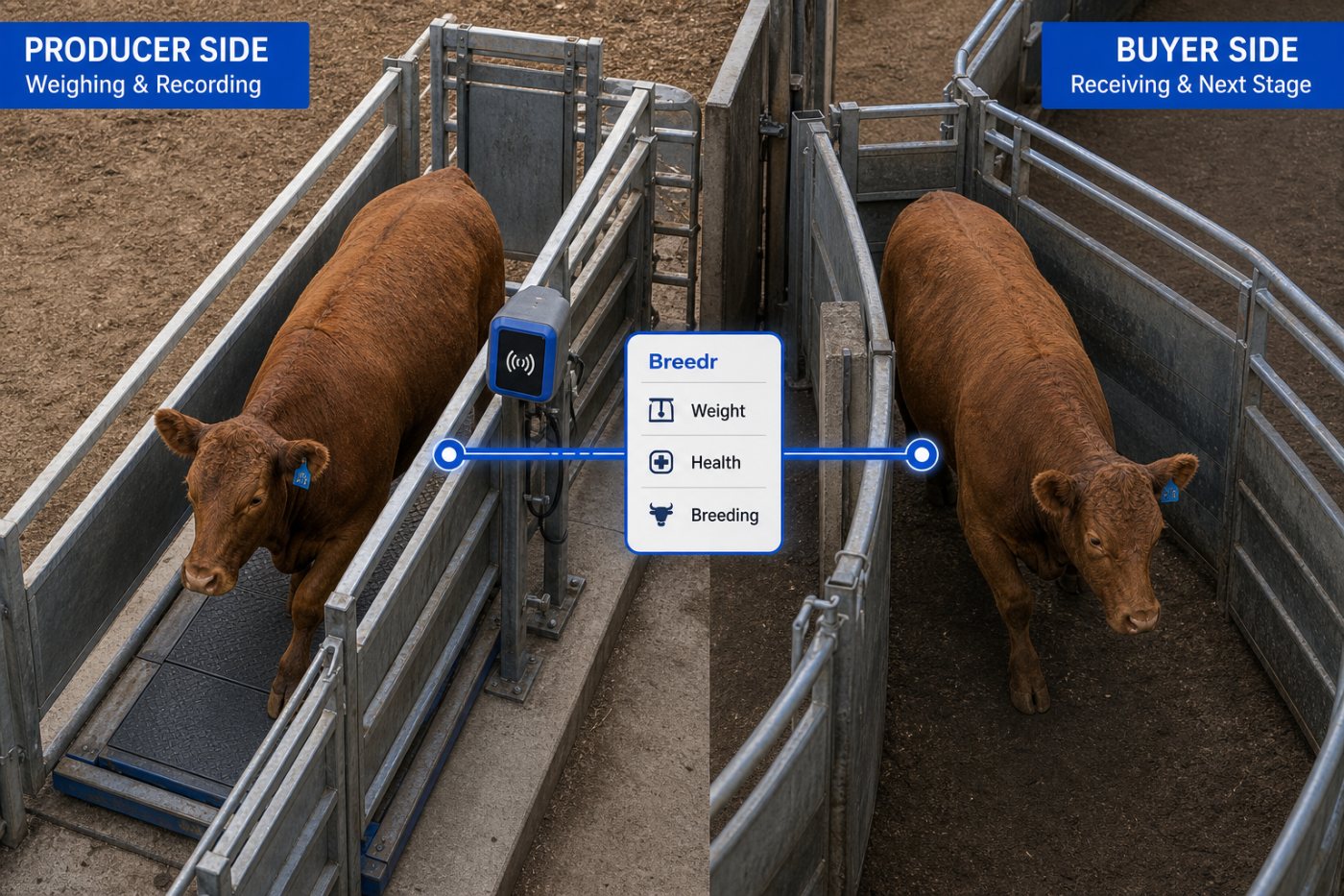 Individually identified cattle move between production stages while their records remain connected.