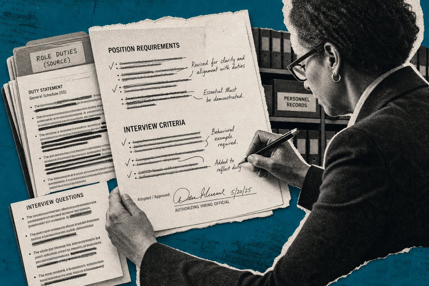 Federal hiring officials validate AI-drafted job materials against documented position duties before use.