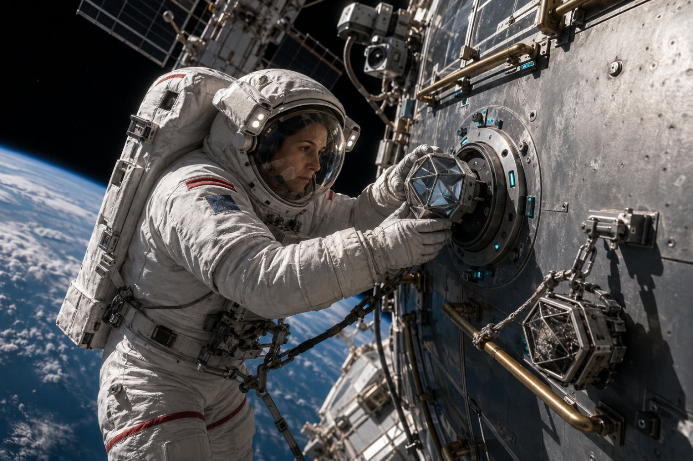 Sophie Adenot instala o novo retrorefletor no módulo Harmony durante a EVA-99.