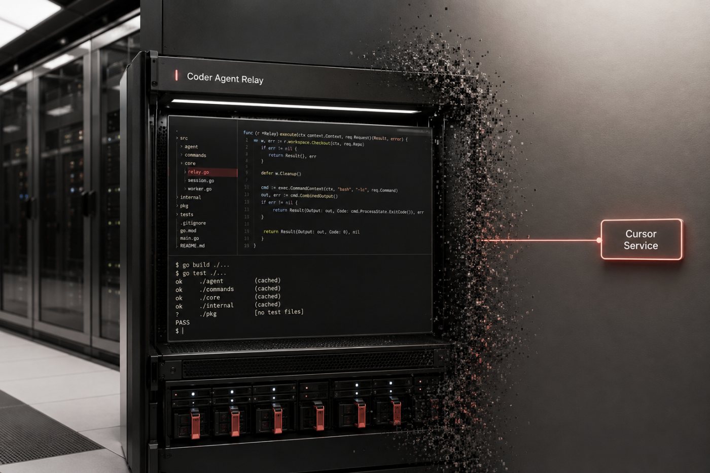 Workspace efêmero da Coder executa alterações e testes de uma sessão do Cursor na infraestrutura do cliente.