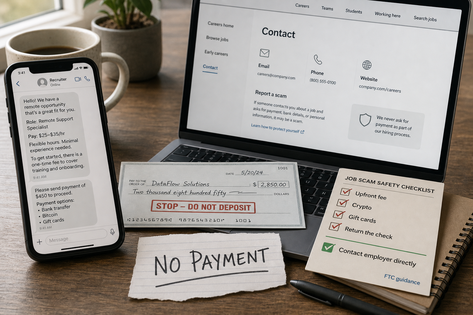 A job seeker rejects an upfront payment and fake-check request while verifying the employer through an official contact page.
