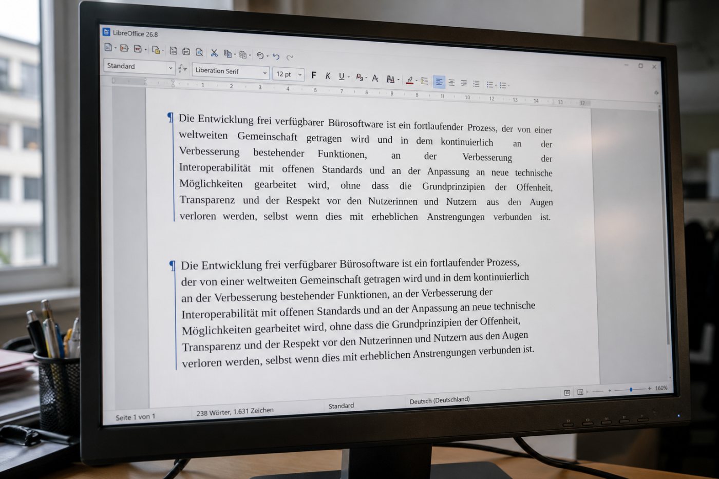 Ein längerer Absatz zeigt mit dem Paragraph Composer von LibreOffice 26.8 gleichmäßigere Wortabstände über mehrere Blocksatzzeilen.
