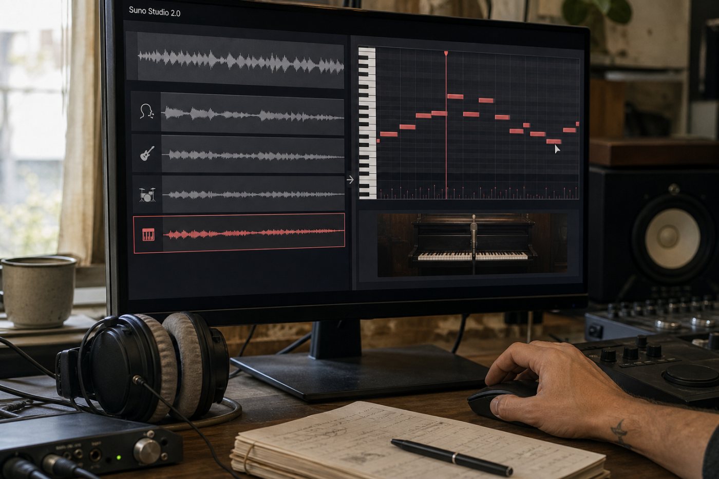 Suno Studio 2.0 separa una grabación en pistas editables y convierte una parte musical en MIDI para reorganizarla.