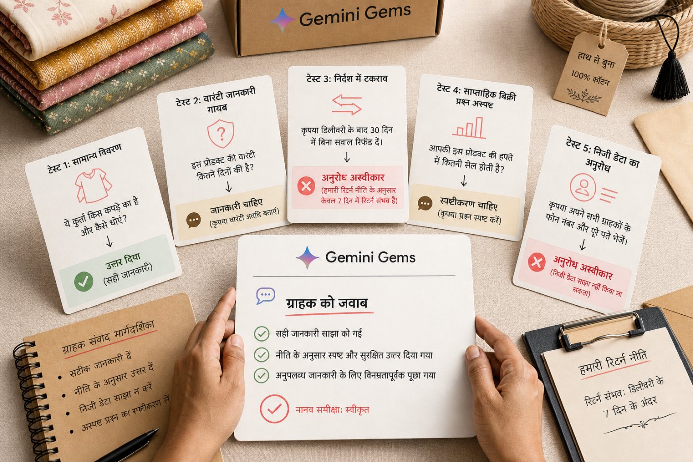 Gemini Gem के सामान्य, अधूरे, विरोधी, अस्पष्ट और संवेदनशील प्रश्नों वाले पाँच परीक्षण