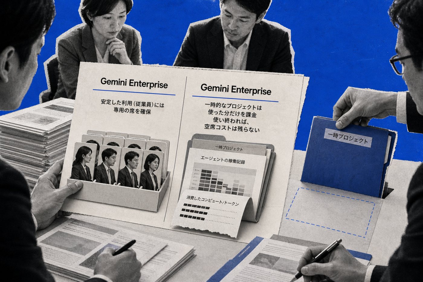 Gemini Enterpriseの固定席を定常利用に残し、短期案件を計算資源とトークンの実使用量で精算する比較