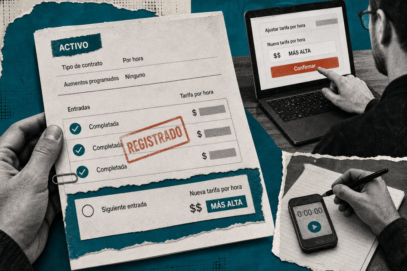 El cliente aumenta manualmente la tarifa de un contrato activo de Upwork sin cerrarlo.