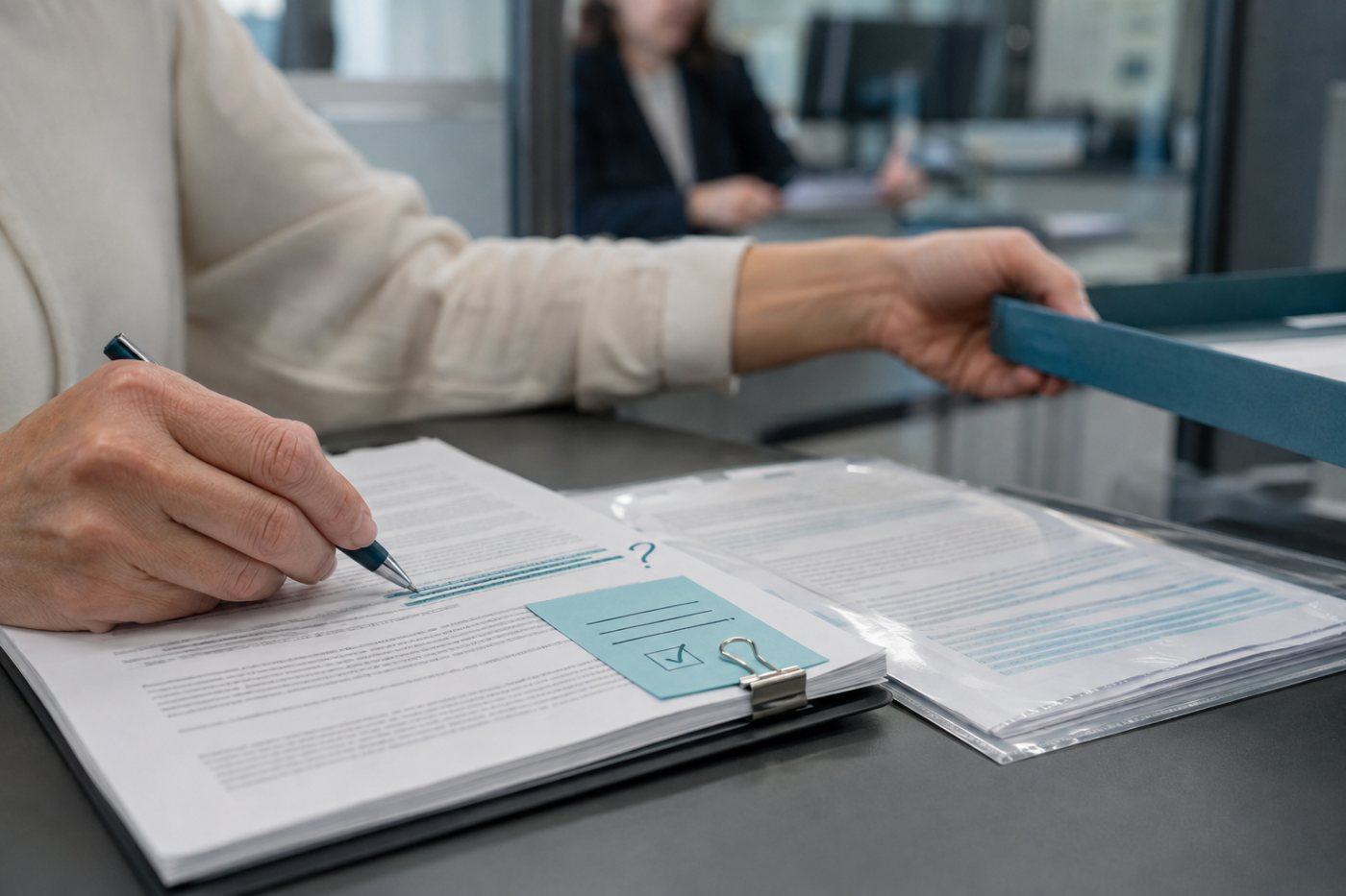 Beschäftigte prüfen KI-Aussagen anhand freigegebener Unterlagen und übergeben einen unsicheren Fall zur menschlichen Entscheidung.