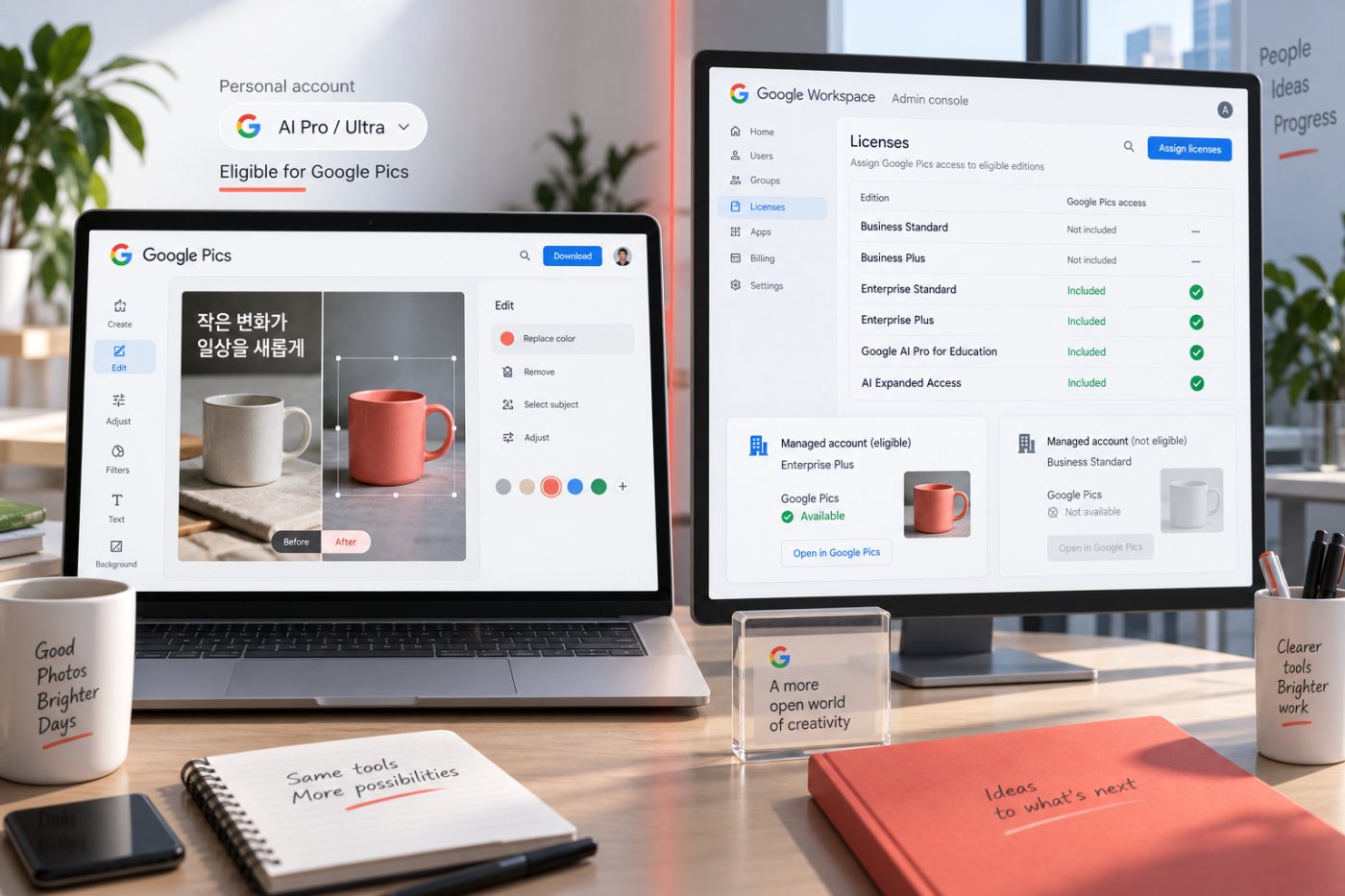 Google Pics 이용 가능 여부가 개인 AI Pro·Ultra와 조직용 Workspace 등급에 따라 구분되는 상태