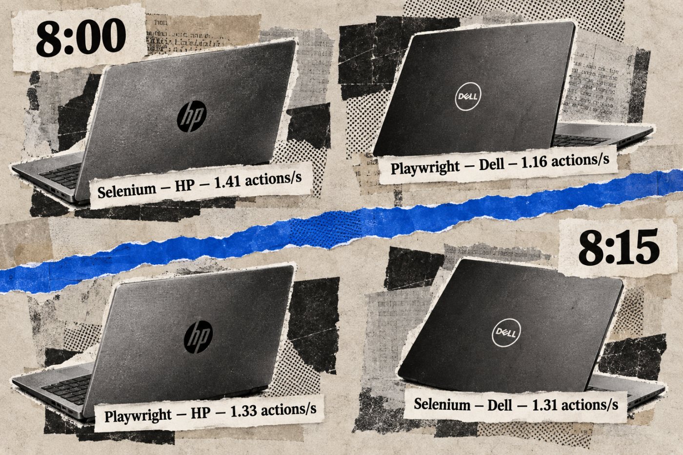 Seleniumin ja Playwrightin läpimenomittauksissa HP- ja Dell-koneet vaihtuivat ajokertojen välillä.