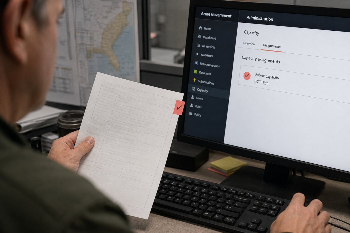 Validation d’un tenant GCC High et attribution distincte d’une capacité Microsoft Fabric dans Azure Government.
