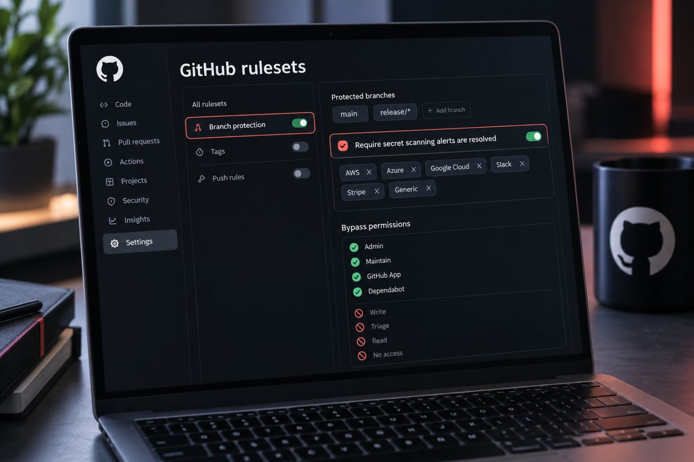 Un ruleset cible des branches précises, sélectionne les types de secrets et limite les droits de contournement.
