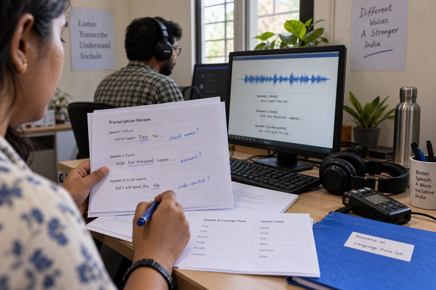 Fachleute prüfen Navana.ai-Transkriptionen verschiedener indischer Sprachvarianten auf erkennbare Fehler