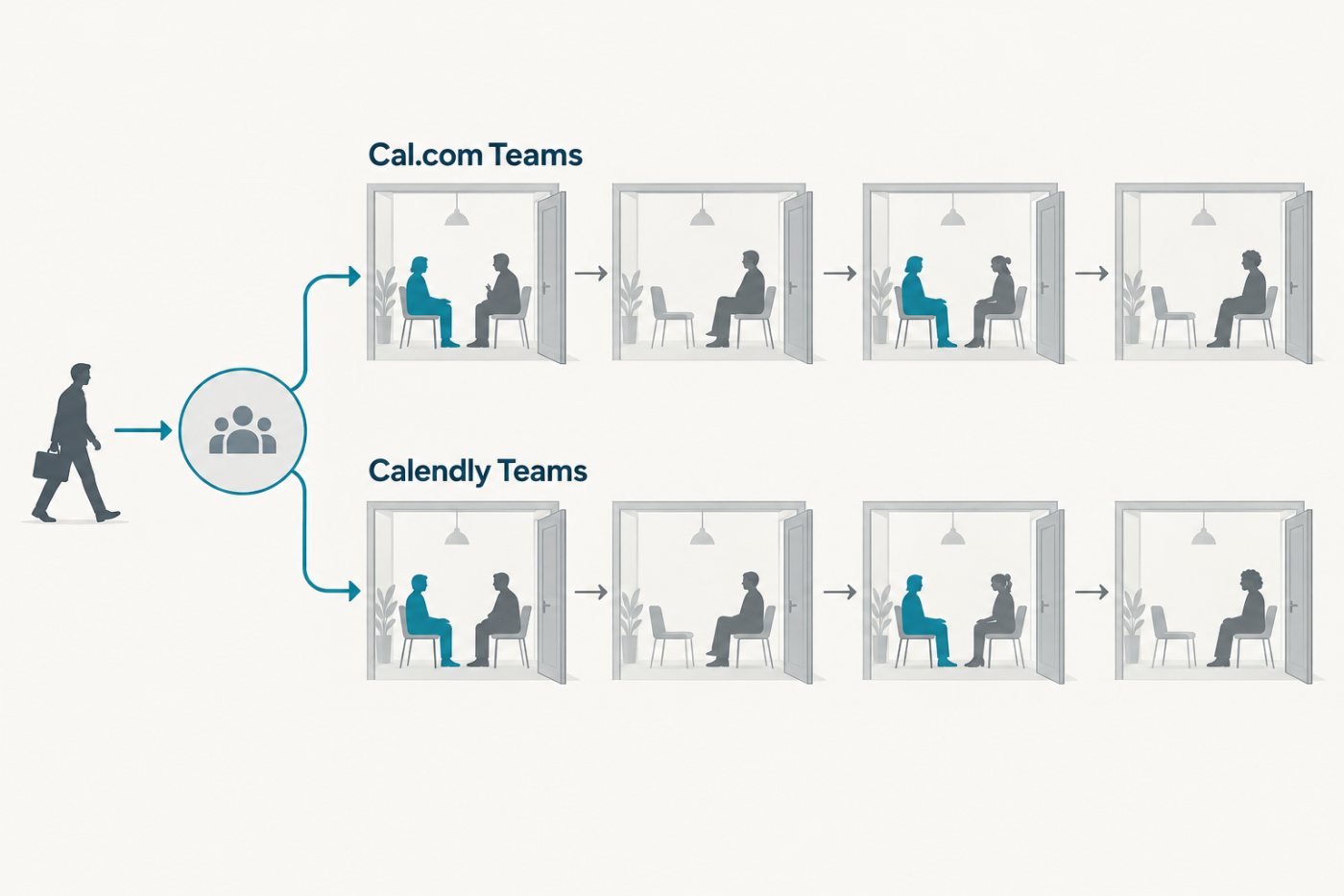 Cal.com Teams და Calendly Teams შემოსულ გასაუბრების ჯავშნებს ხელმისაწვდომ გუნდის წევრებს შორის ანაწილებენ.