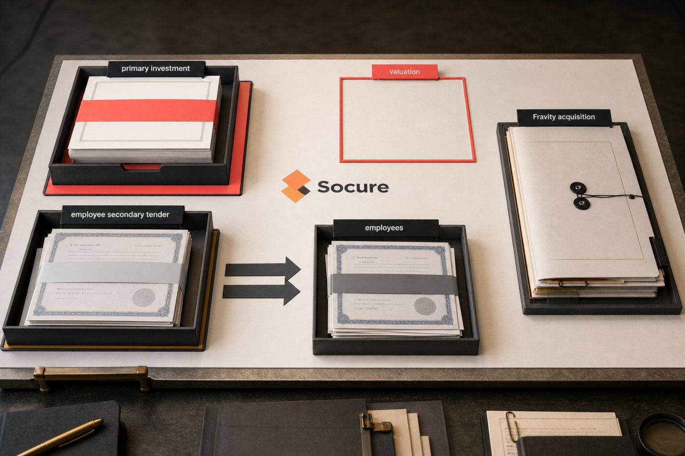 Socureの成長投資を一次資金と従業員向けセカンダリーに分け、Fravity買収を別取引として示す