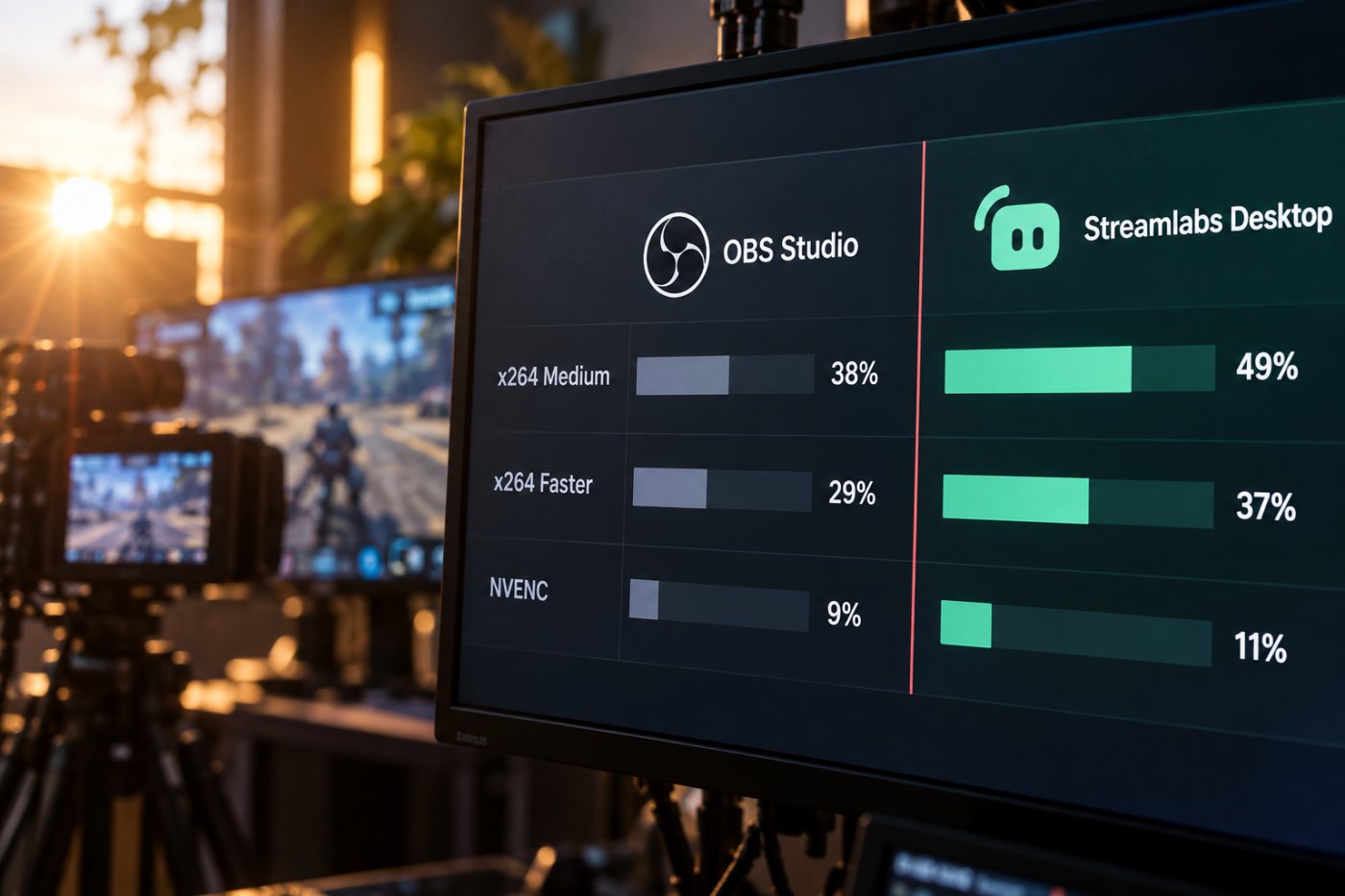 Valores publicados de uso médio de CPU para OBS Studio e Streamlabs Desktop com x264 Medium, x264 Faster e NVENC.
