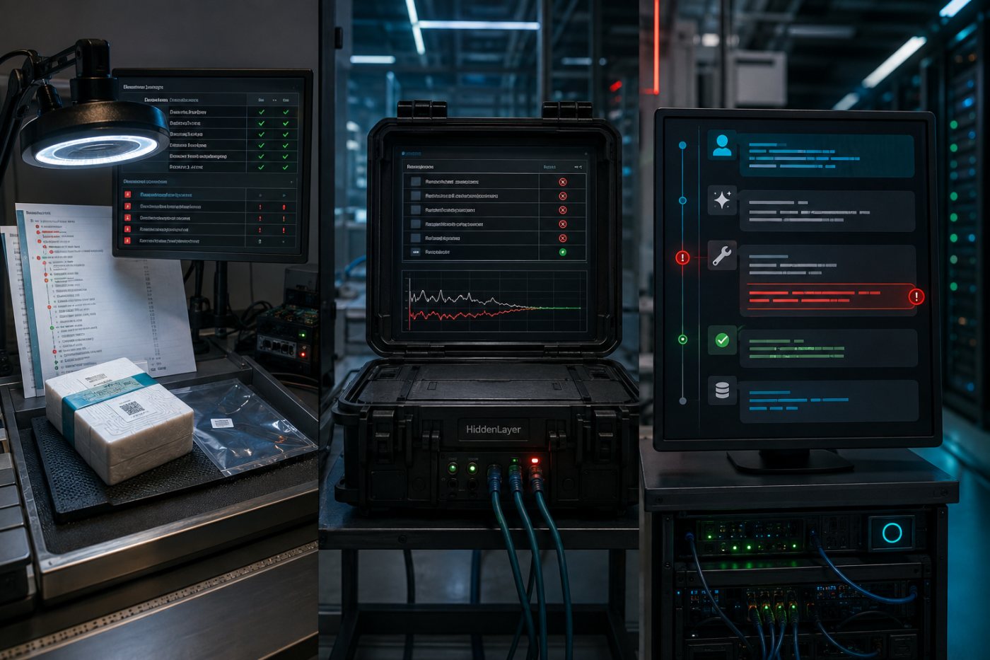 Три стадии защиты HiddenLayer: проверка модели до выпуска, испытание на устойчивость и контроль работающего агента