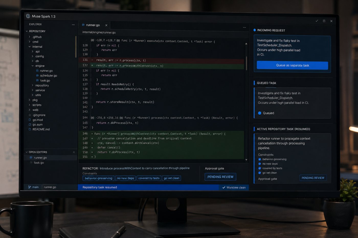 Muse Spark 1.3 interruption সামলে আগের coding task ও constraints বজায় রেখে কাজ চালিয়ে যাচ্ছে