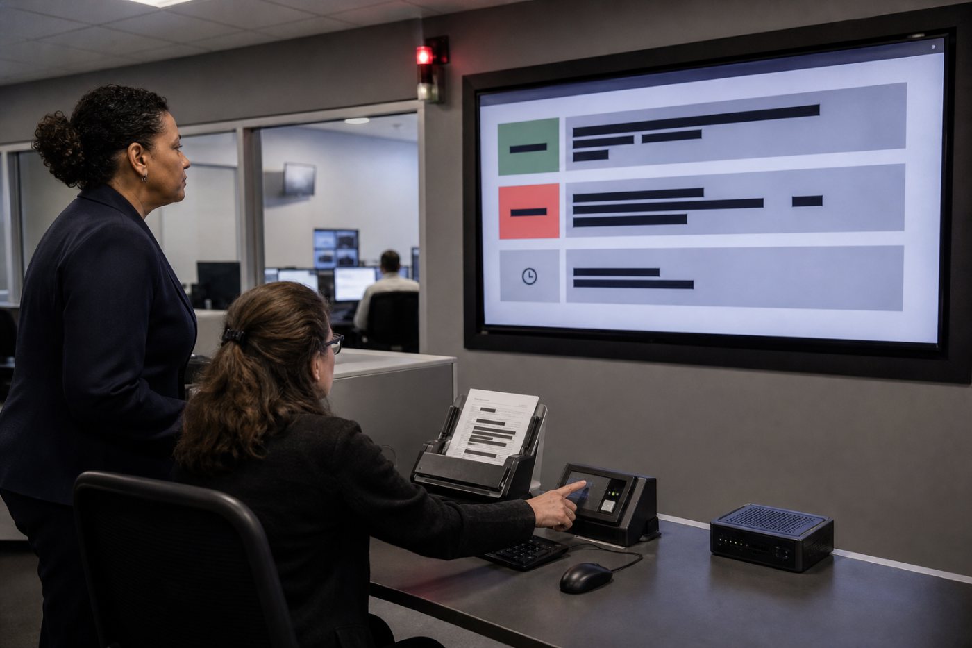 An AI agent test verifies that an allowed retrieval succeeds while an unauthorized write is blocked and escalated.
