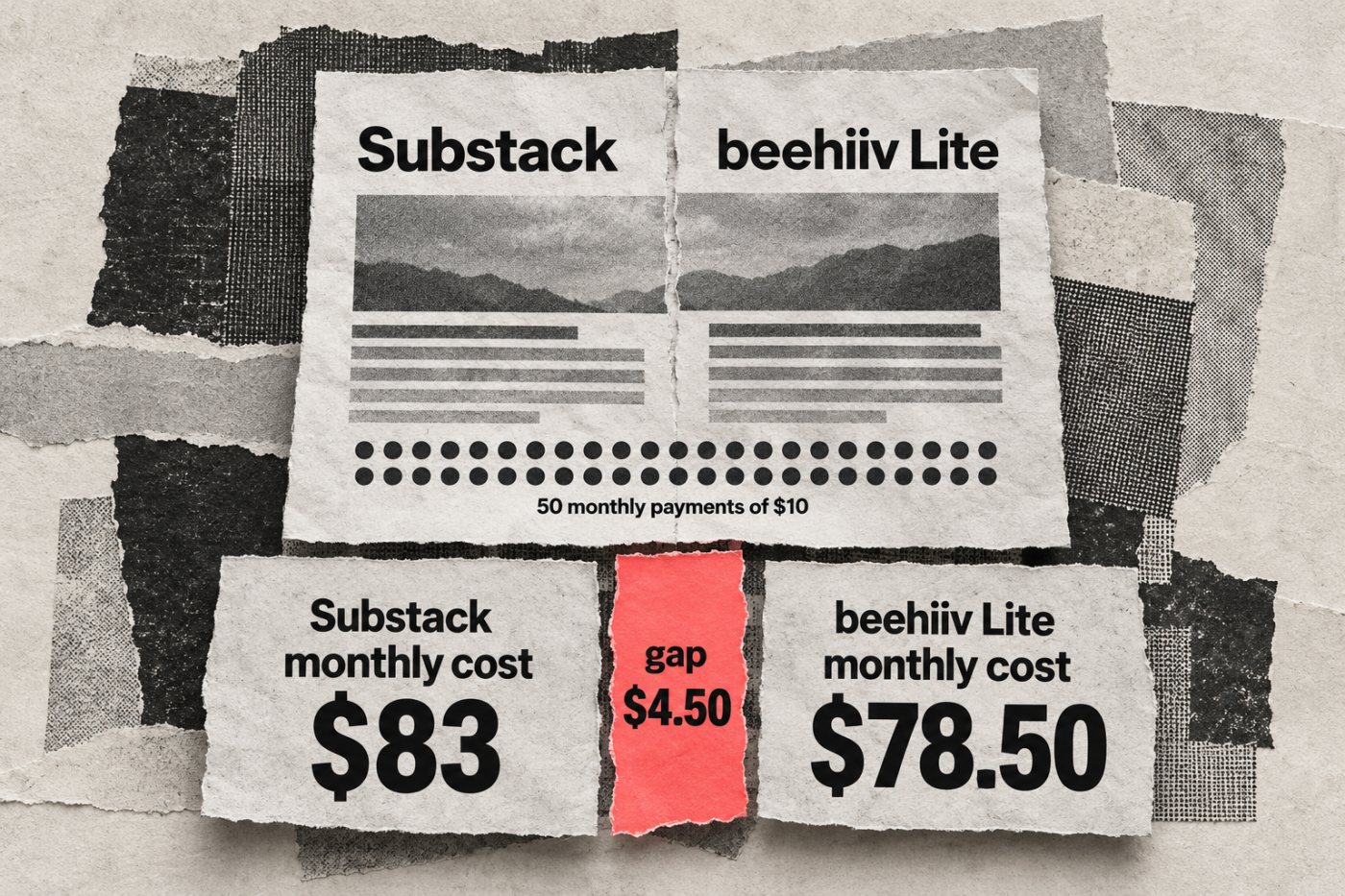 Comparación de costes de Substack y beehiiv Lite para una newsletter hipotética con 50 suscripciones mensuales de 10 dólares.