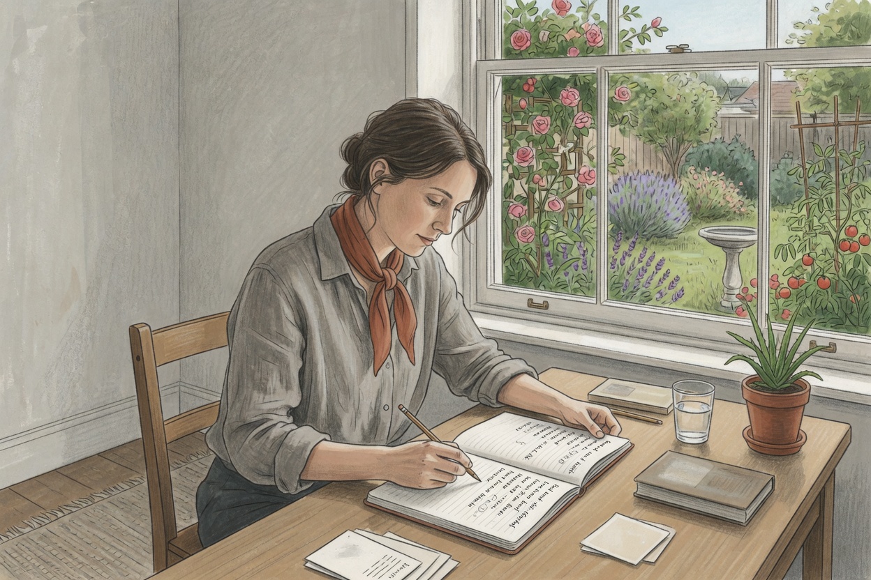 Language learner noting new words in a notebook at a desk in a residential setting