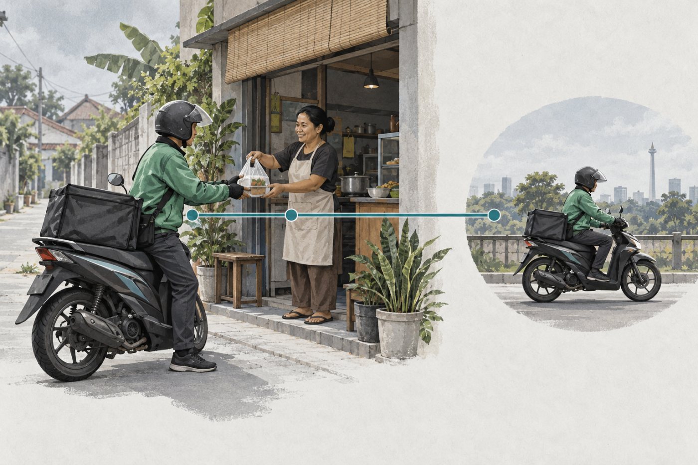 Pengemudi ojol mengambil pesanan dari pedagang sebagai bagian dari hubungan kemitraan layanan platform.