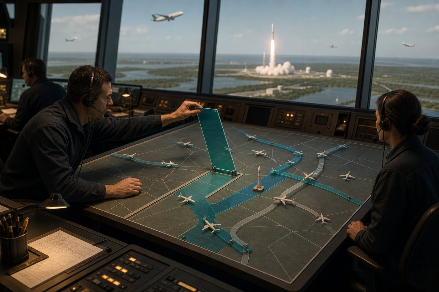 El control aéreo coordina un corredor de lanzamiento con las rutas de la aviación civil durante una operación espacial.