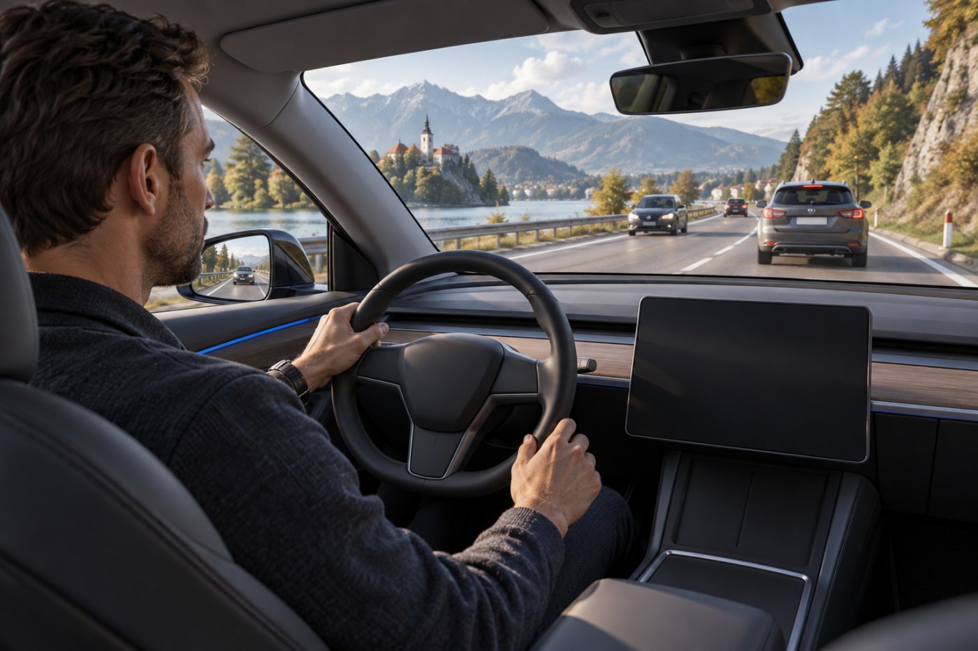 Conducteur surveillant la route et prêt à reprendre les commandes pendant l’utilisation du Tesla FSD supervisé.