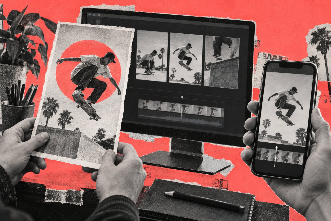 Comparaison entre l’import d’un fichier sur ordinateur, trois suggestions et le choix d’un photogramme sur mobile.