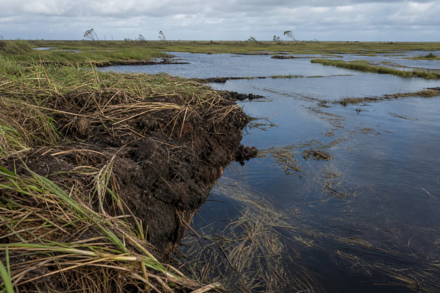 Marais du delta du Mississippi submergés et fragmentés après un ouragan, avec déplacement de matière organique vers l’eau.