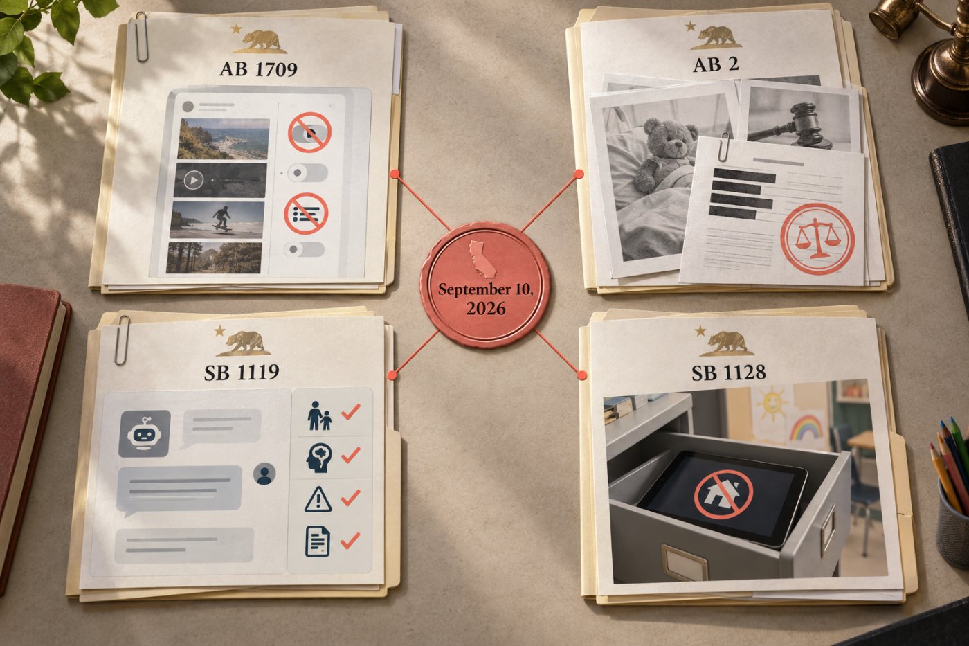 California’s child-safety package separates feed restrictions, injury liability, chatbot duties and a kindergarten device rule.