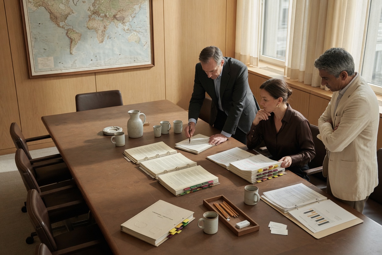 Team of business leaders finalizing a mega-deal in a corporate setting