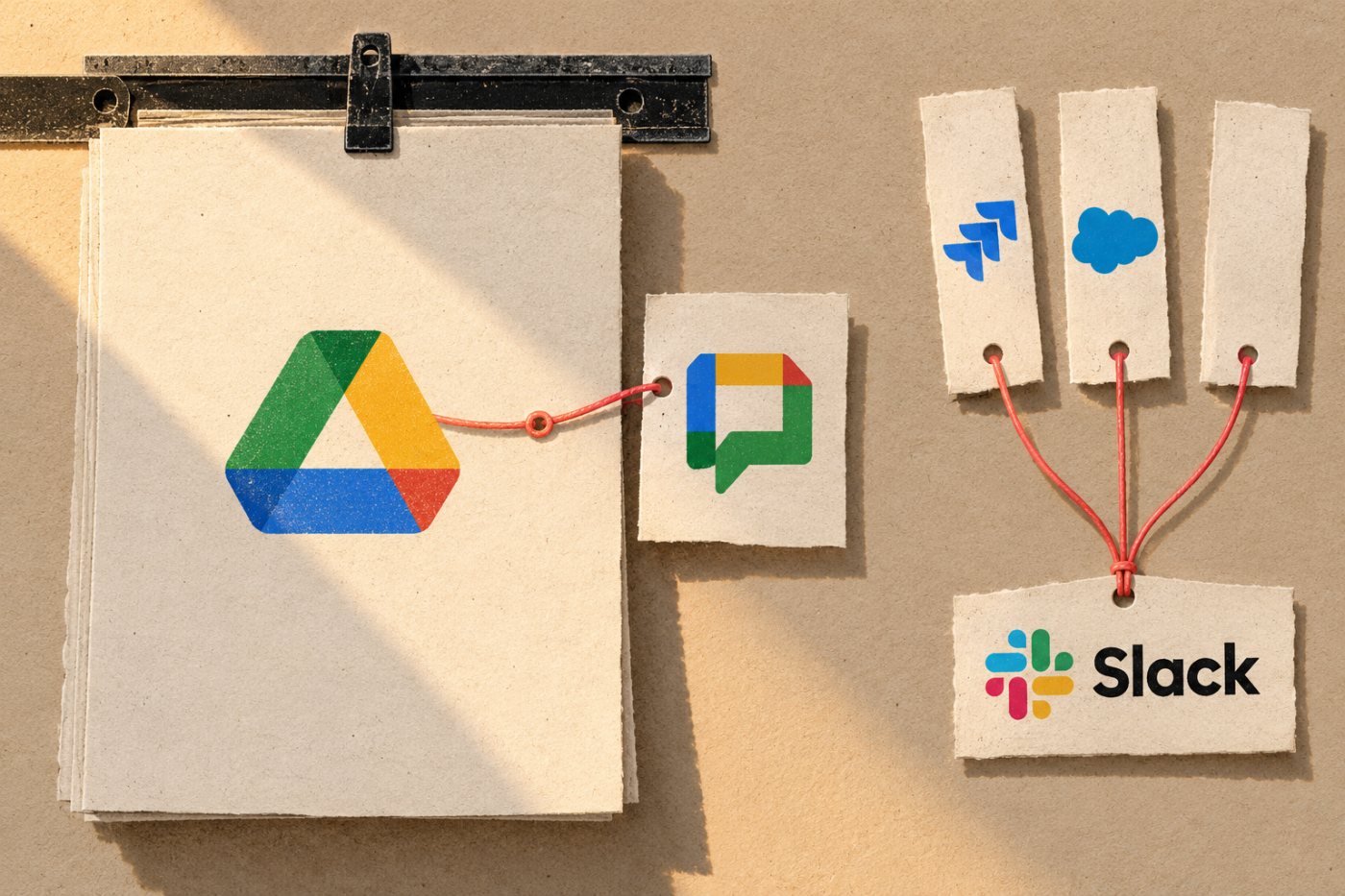 Google Chat gắn trao đổi với tệp Drive, còn Slack kết nối công việc qua Jira và Salesforce.