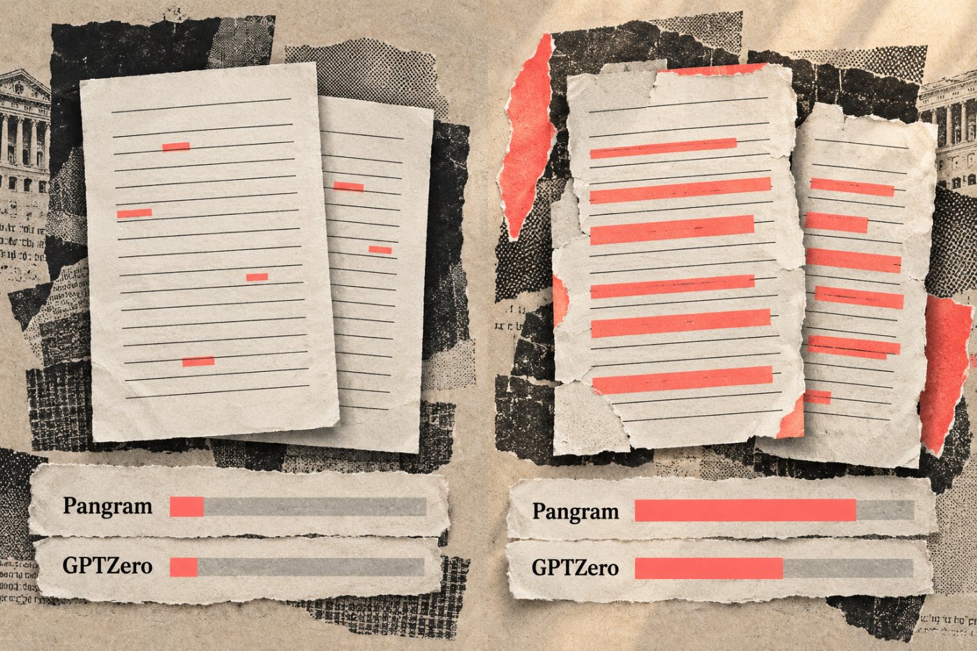 השוואה בין שיעורי הסימון של Pangram ושל GPTZero בתקצירים מקוריים ובגרסאות שעברו ניסוח מחדש ב-AI.