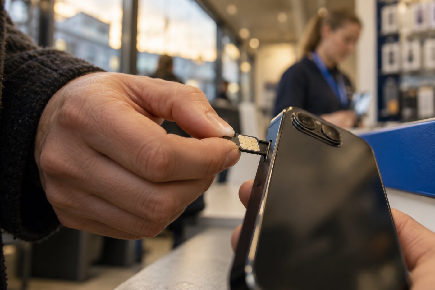 SIM-kort settes i en telefon; BankID-appen krever et bekreftet mobilnummer ved aktivering.