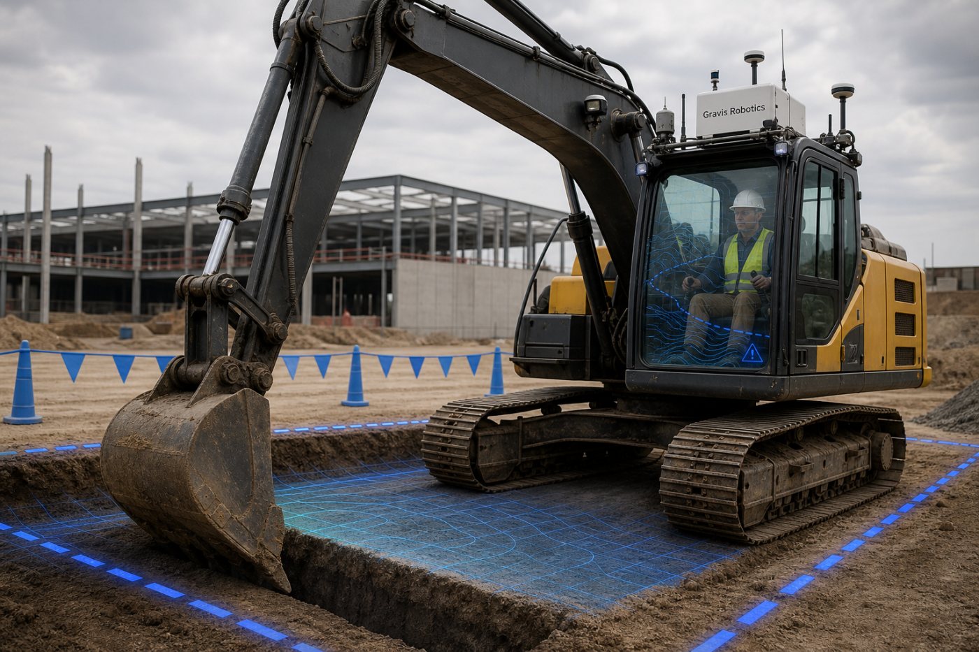 Una excavadora equipada por Gravis combina asistencia al operador con la automatización de una tarea delimitada.