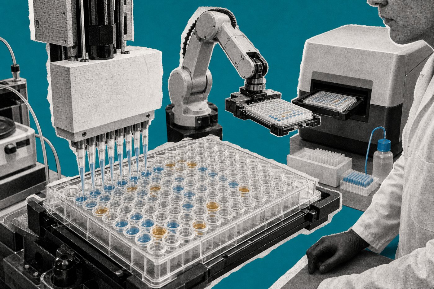Un manipulateur de liquides, un bras robotique et un lecteur de microplaques coordonnent un dosage de protéines sous supervision experte.