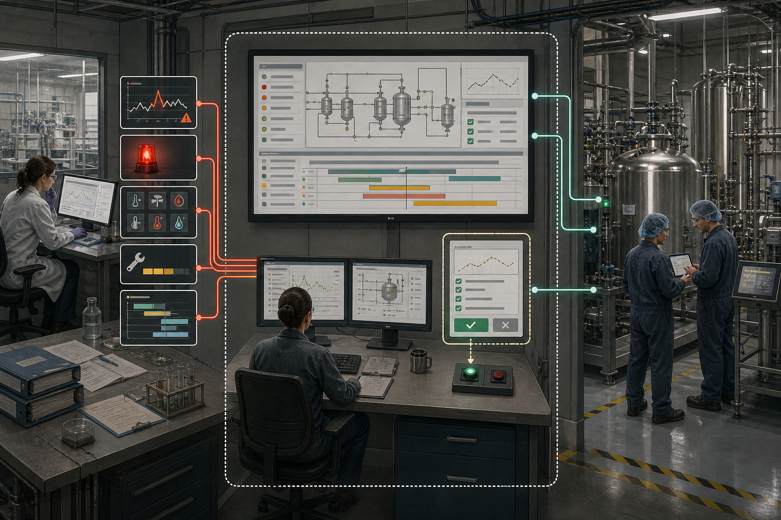 An operator controls a pharmaceutical production line through process analytics, advanced control, scheduling, and equipment-event alerts.