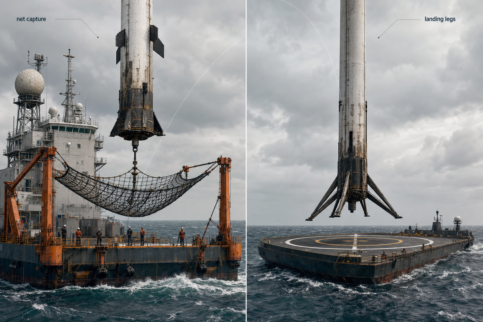 Long March-10B net capture compared with a conventional reusable-booster landing approach