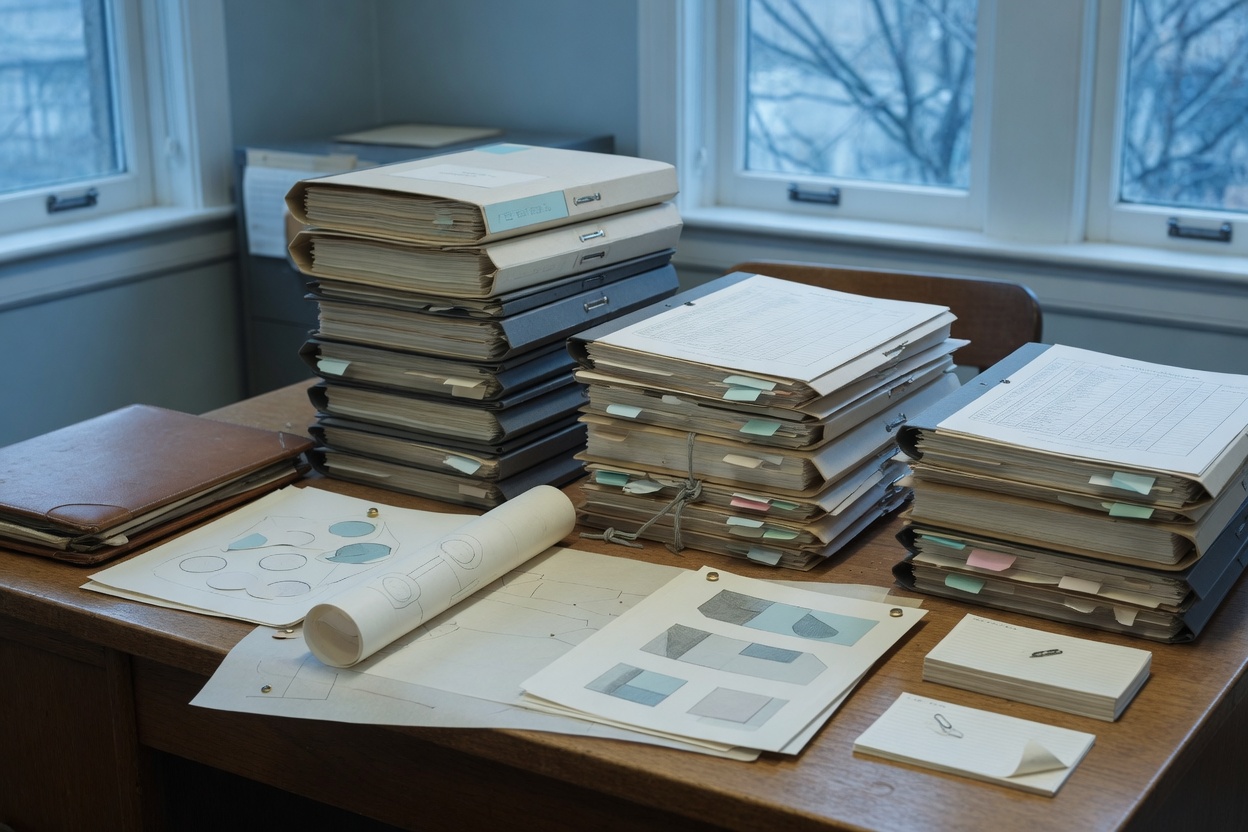 Stack of bound financial reports on an office desk