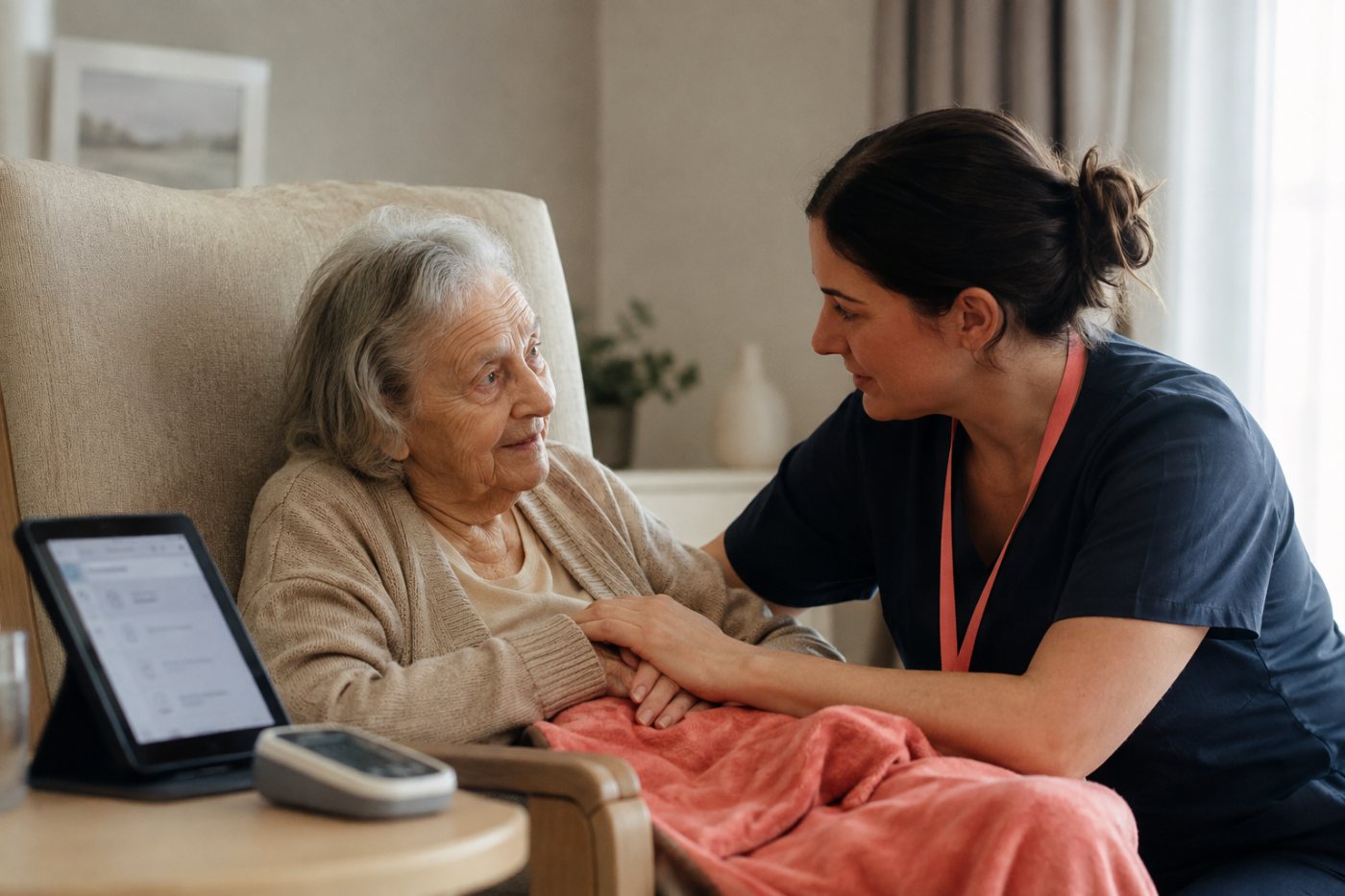 A human caregiver remains responsible for personal care while technology plays a supporting role.