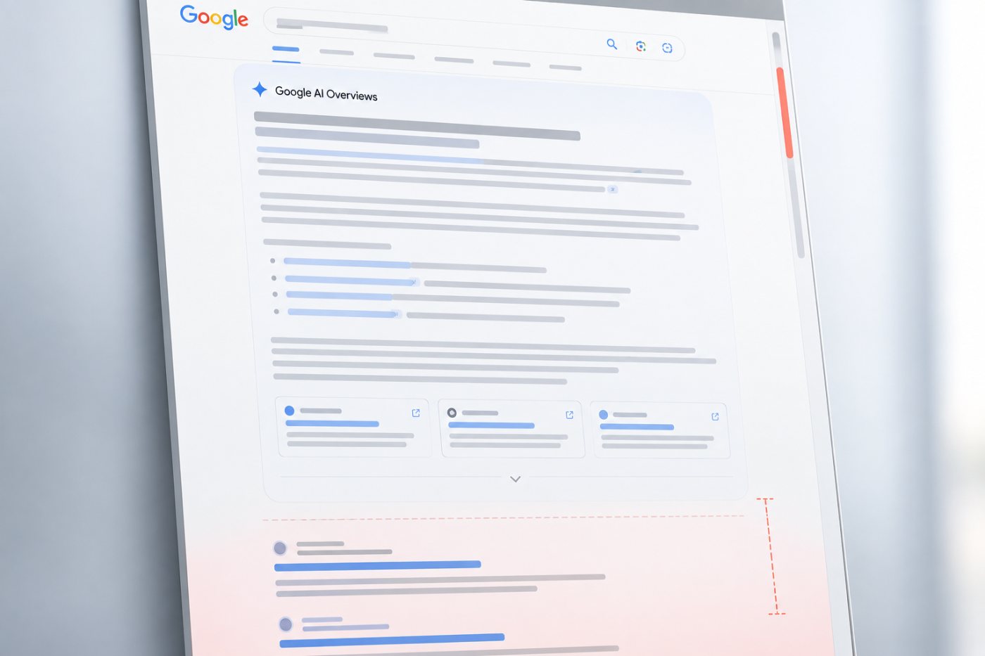 Eine lange Google-KI-Antwort belegt den oberen Seitenbereich, während klassische Webtreffer erst weiter unten erreichbar sind.