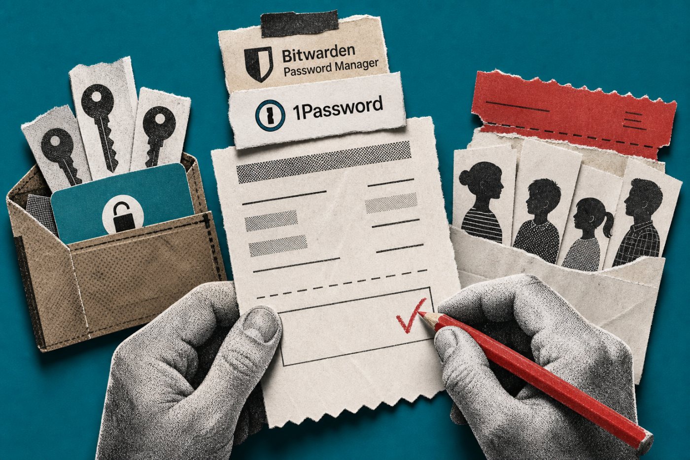 Сравнение бесплатного и семейного сценариев Bitwarden с платными личным и семейным планами 1Password перед оформлением подписки