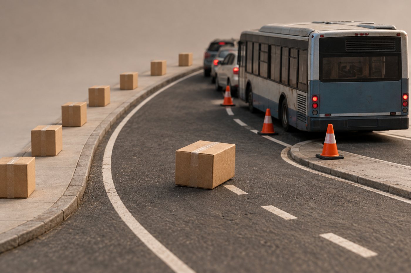 A delivery route encounters traffic that can change task times without reflecting a driver’s effort.