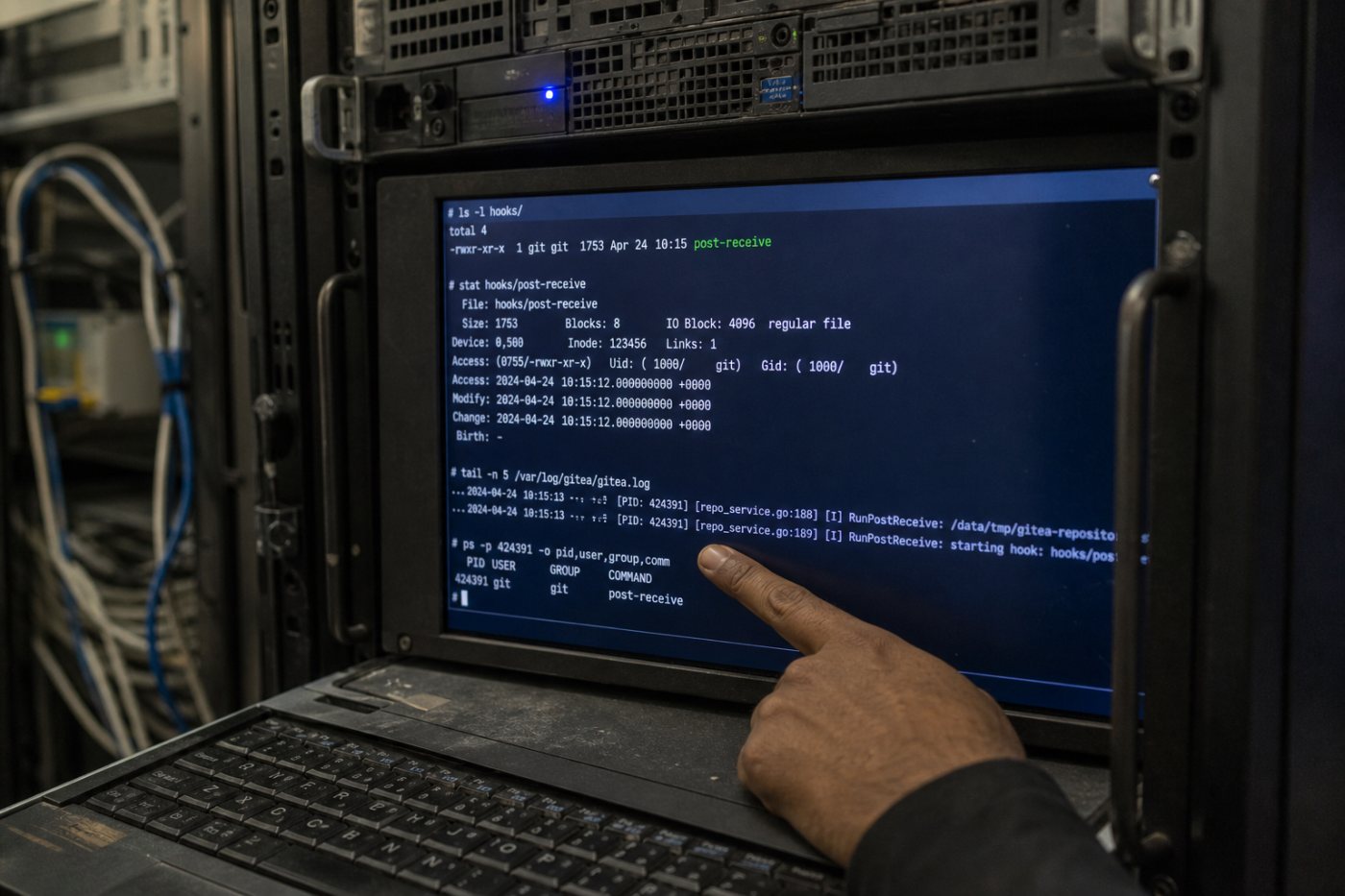 Gitea-র diffpatch প্রক্রিয়ায় temporary bare clone-এ executable Git hook তৈরি হয়ে service account-এর অধিকার নিয়ে command চলছে।