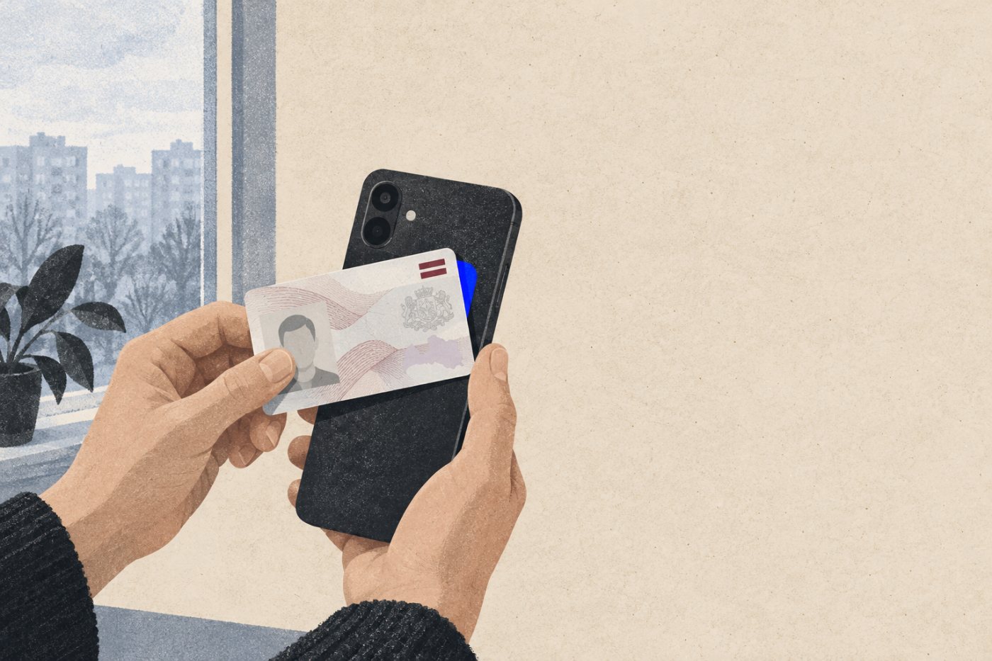 Latvijas eID karte tiek pielikta pie tālruņa, lai reģistrētu Smart-ID kontu ar NFC.