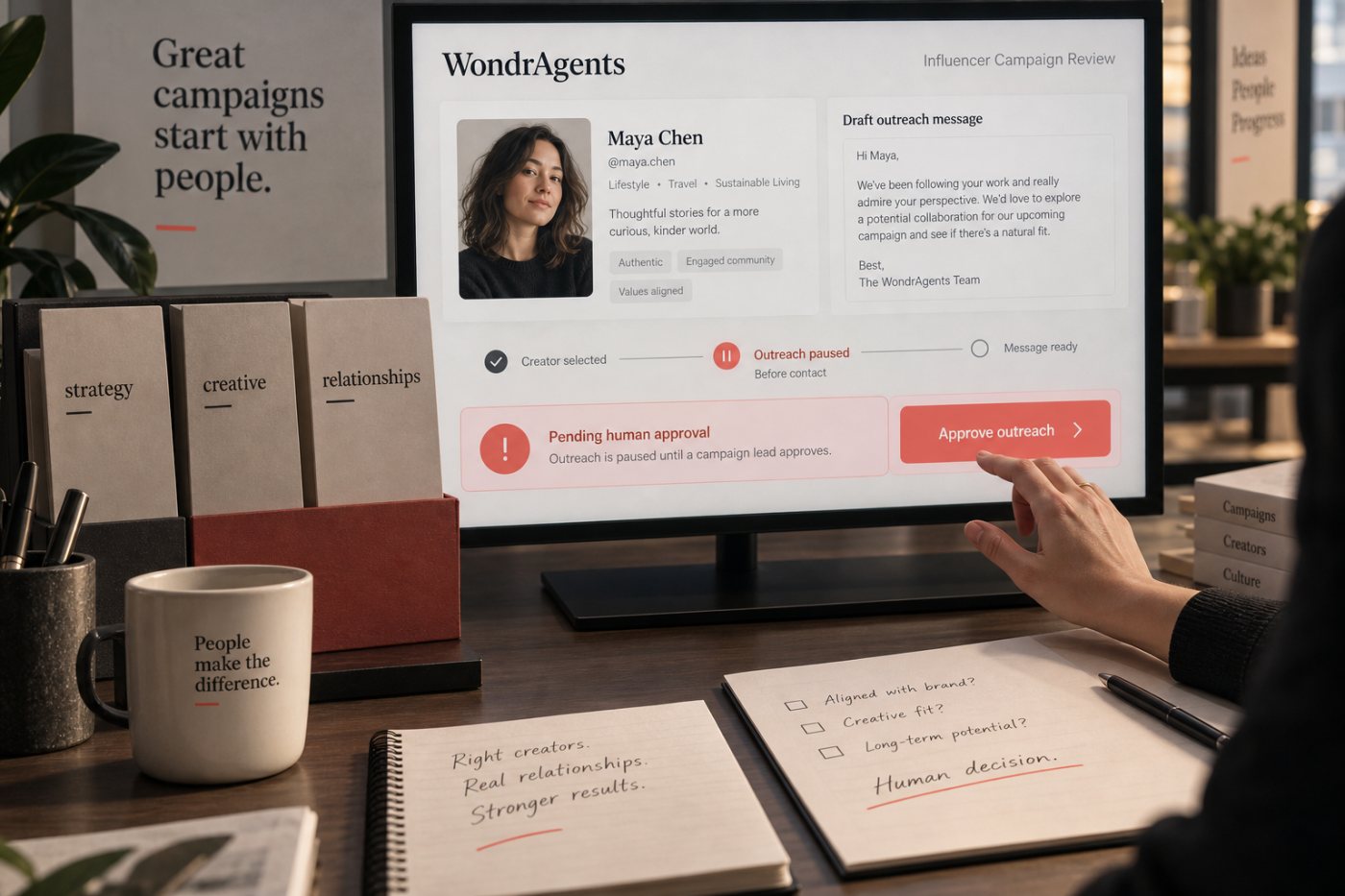 Une sélection de créateurs préparée par WondrAgents attend une validation humaine avant la prise de contact.