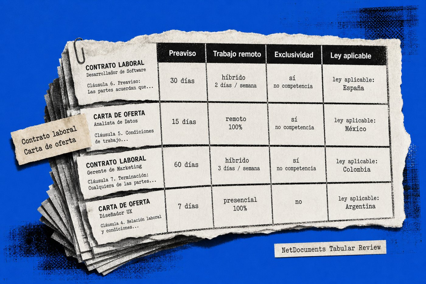 NetDocuments Tabular Review organiza contratos laborales por filas y cuestiones de revisión por columnas.
