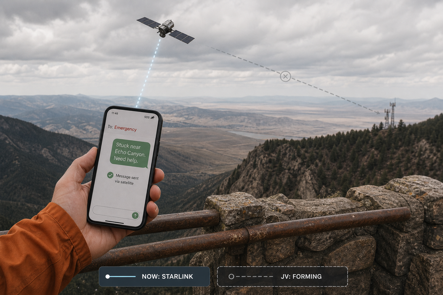 A smartphone uses a satellite connection for emergency messaging where terrestrial 5G coverage is unavailable.