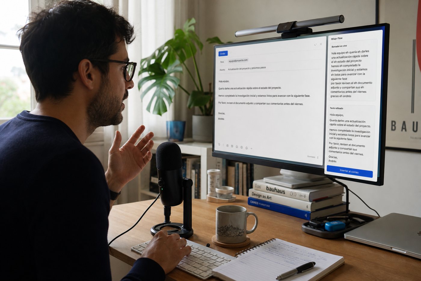 Wispr Flow transforma habla natural con muletillas en texto limpio dentro de una aplicación de trabajo.